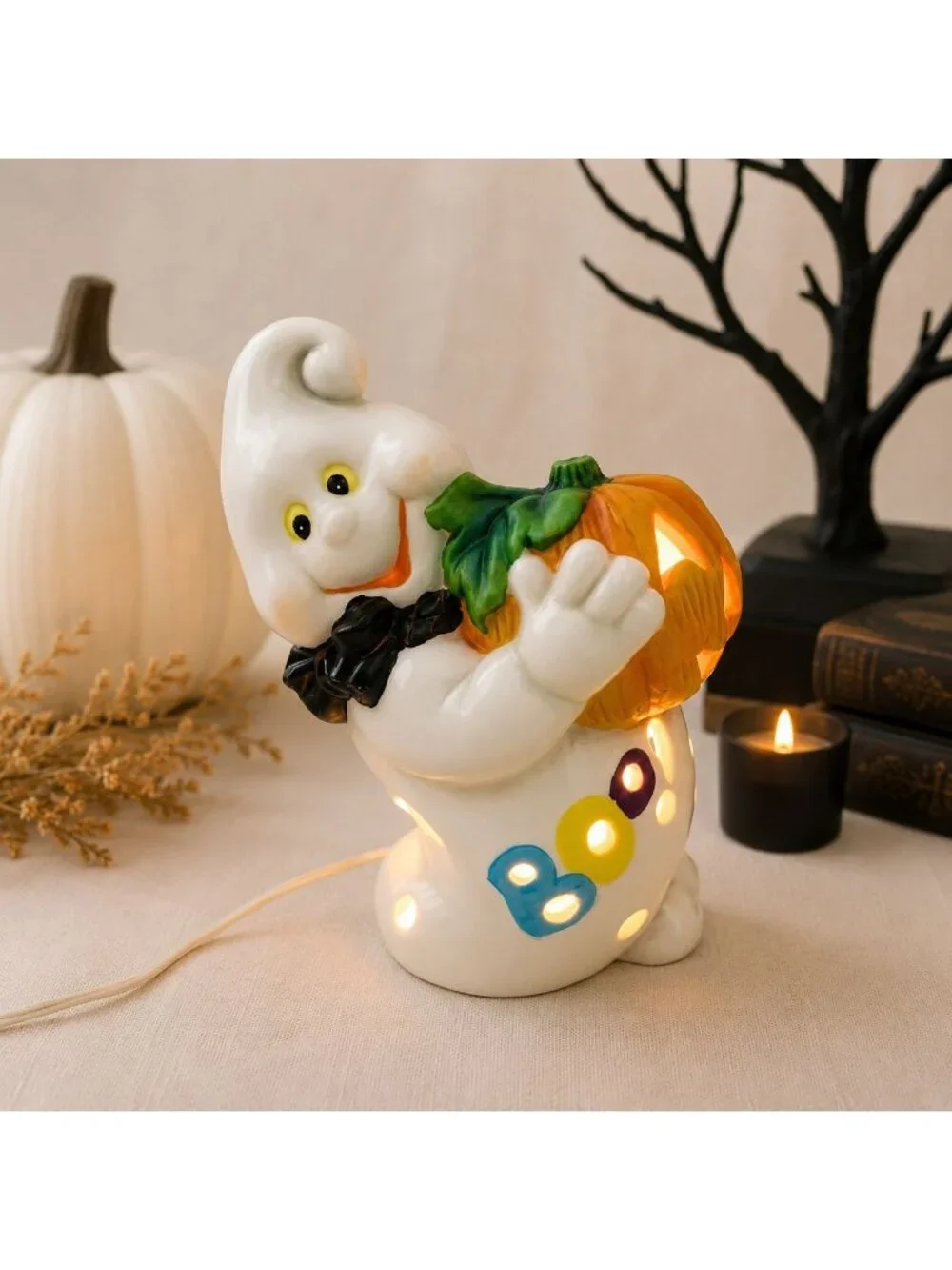 Vintage Halloween Ghost Night Light Spooky Boo Pumpkin Ceramic Lamp Kitsch 90s